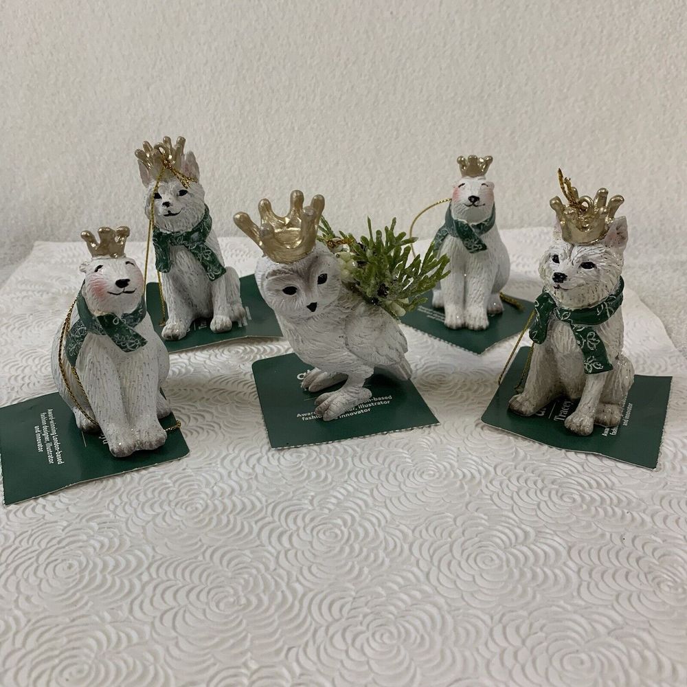 5 Christmas Tree Ornaments Fox Bear Owl with Crowns Ceramic White Green Gold Lot